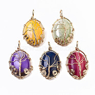 Natural Agate Pendants, Light Gold Copper Wire Wrapped Pendants, Dyed, Oval, Mixed Color, 40~41x22~23x9~11mm, Hole: 3~4mm(G-S359-266)