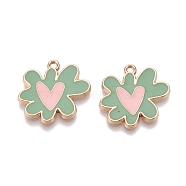 Rack Plating Alloy Enamel Pendants, Golden, Flower with Heart Charm, Dark Sea Green, 18.5x20.5x1.5mm, Hole: 1.6mm(ENAM-N056-344B)