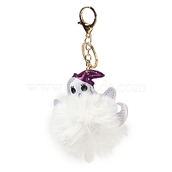 Halloween Alloy Keychain, with PU Imitation Leather and Plush Pompom, Ghost, White, 16.5cm(KEYC-M023-02C)