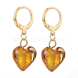 304 Stainless Steel Huggie Hoop Earrings, with Handmade Silver Foil Glass Beads, Heart, Golden, Goldenrod, 32.5mm, Pin: 0.6x1mm(EJEW-JE04475-01)