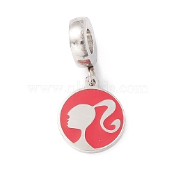 304 Stainless Steel European Dangle Charms, Large Hole Pendants, with Enamel, Flat Round with Girl, Stainless Steel Color, 24.5mm, Hole: 4mm(STAS-I192-23P)