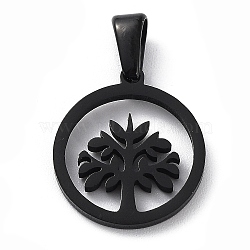 Ion Plating(IP) 304 Stainless Steel Pendants, Ring with Tree of Life, Black, 15.5x13x1.5mm, Hole: 2.5x4.5mm(STAS-I136-16B)