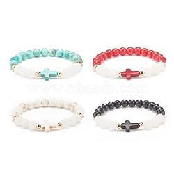 Natural White Jade & Gemstone & Synthetic Turquoise(Dyed) Stretch Bracelet with Cross, Gemstone Jewelry for Women, Mixed Color, Inner Diameter: 2-1/8 inch(5.3cm)(BJEW-JB08295)