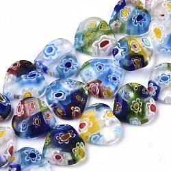 Handmade Millefiori Lampwork Beads Strands, Heart, Colorful, 11~12x12x4~5mm, Hole: 1mm, about 32~33pcs/strand, 12.72 inch~13.78 inch(32.3~35cm)(LAMP-N023-001H)