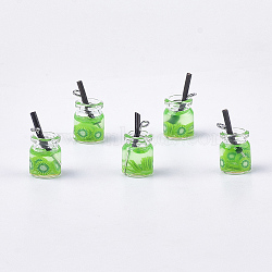 Glass Bottle Pendants, with Resin & Polymer Clay, Plastic and Iron Findings, Juice, Platinum, Lime Green, 18~23x11~14x11mm, Hole: 1.8mm(X-GLAA-S181-04D)