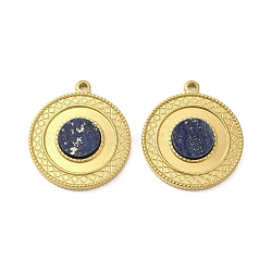 Natural Lapis Lazuli Pendants, Flat Round Charms, with Vacuum Plating Real 18K Gold Plated 201 Stainless Steel Findings, 28.5x25x3.5mm, Hole: 2mm(STAS-J401-VC694)