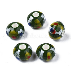 Handmade Porcelain European Beads, Famille Rose Style, Large Hole Beads, No Metal Core, Rondelle, Dark Green, 12x9mm, Hole: 4mm(PORC-S504-002)