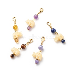 Natural Gemstone Beaded Pendant Decorations, with Resin Alephant, Lobster Clasp Charms, Clip-on Charms, for Keychain, Purse, Backpack Ornament, Stitch Marker, Golden, 46~52mm(HJEW-JM00711-01)