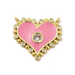 Rack Plating Brass Micro Pave Clear Cubic Zirconia Connector Charms, Heart Links with Enamel, Cadmium Free & Lead Free, Real 18K Gold Plated, Long-Lasting Plated, Pink, 19.5x21.5x2mm, Hole: 1mm(KK-P230-05G-01)