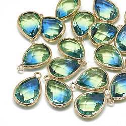 Glass Pendants, with Golden Tone Brass Findings, Faceted, teardrop, Dodger Blue, 23x15x7mm, Hole: 1.5~2mm(GLAA-Q068-12A-02)