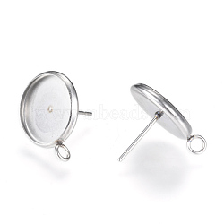 304 Stainless Steel Stud Earring Settings, with Loop, Flat Round, Stainless Steel Color, Tray: 12mm, 17x14mm, Hole: 2mm, Pin: 0.8mm(X-MAK-R012-03)