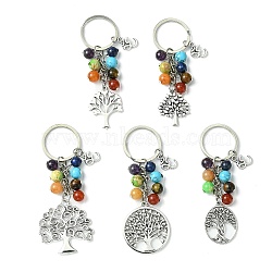 5Pcs Natural & Synthetic Gemstone Keychain, Alloy Tree of Life Keychain, 8.5~9.6cm(KEYC-JKC00542-S)