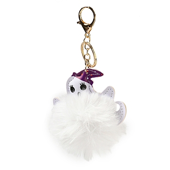 Halloween Alloy Keychain, with PU Imitation Leather and Plush Pompom, Ghost, White, 16.5cm