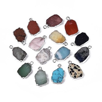 Natural & Synthetic Mixed Stone Pendants, Nuggets Charms, with Platinum Brass Edging, Mixed Dyed and Undyed, 19~20x12~13x3~4mm, Hole: 1.4~1.8mm