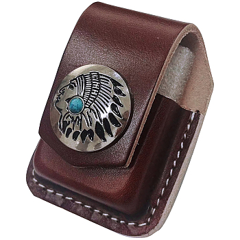 Leather Lighter Storage Bag, Lighter Case, with Belt Loop & Alloy Indian Head Pattern Snap Button, Coconut Brown, 77x58x38mm, Hole: 44x8mm, Inner Diameter: 39x15.5mm