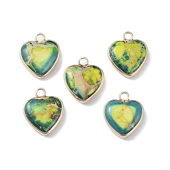 Dyed Synthetic Imperial Jasper Pendants, Brass Heart Charms, Golden, Yellow Green, 19x16x4.5~5.5mm, Hole: 2.7mm