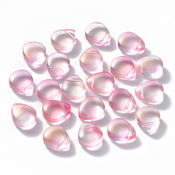 Transparent Spray Painted Glass Beads, Top Drilled Beads, with Glitter Powder, Teardrop, Pink, 12.5x10.5x5.5mm, Hole: 0.9mm
