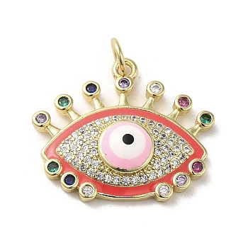 Brass Micro Pave Cubic Zirconia Pendants, with Enamel, with Jump Ring, Real 18K Gold Plated, Evil Eye, Red, 20x23x5.3mm, Hole: 3.5mm