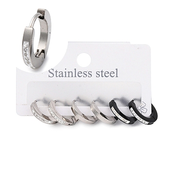 3 Pairs 3 Styles 304 Stainless Steel Clay Crystal Rhinestone Huggie Hoop Earrings for Women, Stainless Steel Color, 13x2mm, 1 pair/style