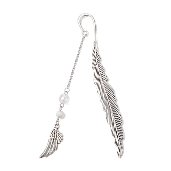Tibetan Style Alloy Feather & Wing Bookmarks, with Crackle Quartz Beads, Antique Silver, 115x13x3mm