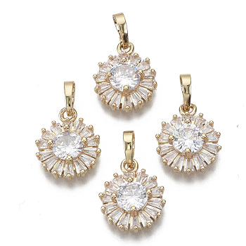 Brass Micro Cubic Zirconia Charms, with Snap on Bails, Flat Round, Light Gold, Clear, 15x12x5mm, Hole: 6x4mm