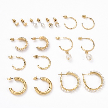 Ring & Round Rhinestone Stud Earrings, Imitation Pearl Beads Drop Half Hoop Earrings, Open Hoop Earrings for Women, Golden, 6~35.5x1.5~7mm, Pin: 0.8mm, 9 pairs/set