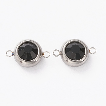 Stainless Steel Color Plated 304 Stainless Steel Pave Cubic Zirconia Links Connectors, Flat Round, Black, 18x12x7mm, Hole: 2mm