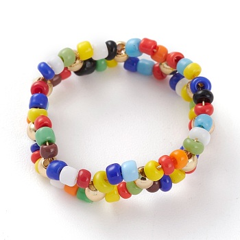 Round Opaque Glass Seed Beaded Finger Rings, with Golden Plated Brass Beads, Colorful, US Size 14 1/4(23.2mm)