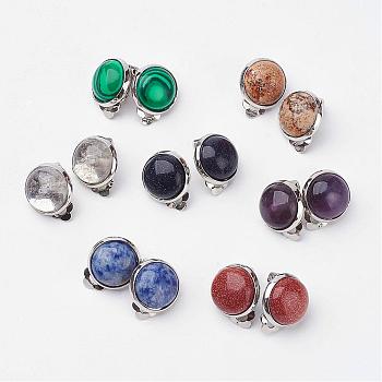 Natural & Synthetic Mixed Stone Brass Clip-on Earrings, Flat Round, Mixed Color, 14x10mm