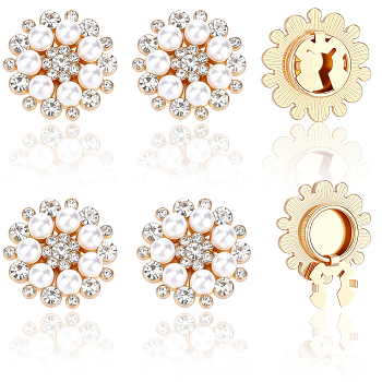 6Pcs Flower Alloy Plastic Cufflinks, with Glass Cufflinks, Shawls and Capes Buckles, for Garment Accessories, Golden, 27x11mm, Hole: 9x5mm