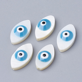 Natural Freshwater Shell Beads, Horse Eye with Evil Eye, Dodger Blue, 15x8x4mm, Hole: 1mm