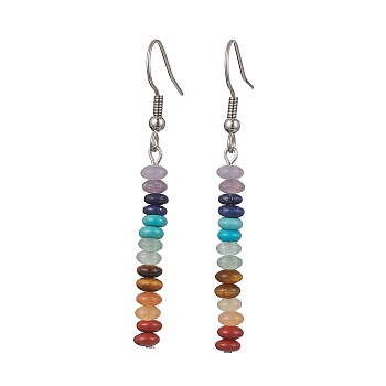 Natural & Synthetic Mixed Gemstone Rondelle Beaded Dangle Earrings, Chakra Theme Long Drop Earrings, Stainless Steel Color, 53x4.5mm