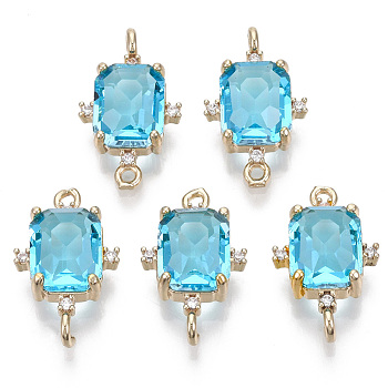 Glass Links connectors, with Brass Micro Pave Cubic Zirconia, Faceted, Rectangle, Light Gold, Cyan, 20x12x5.5mm, Hole: 1.2mm