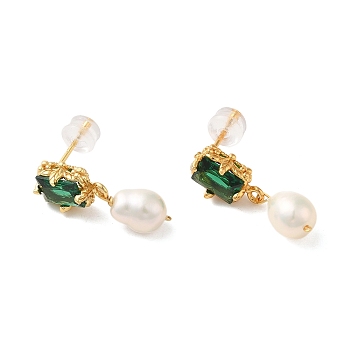 Sterling Silver Studs Earrings, with Natural Pearl,  Glass, Jewely for Women, Real 18K Gold Plated, 19x7.5mm