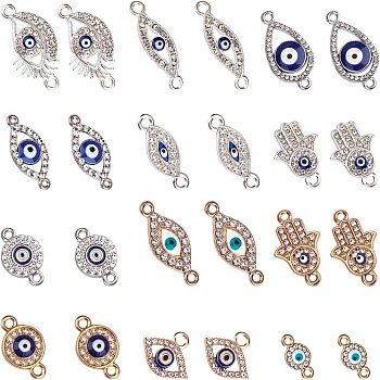 Alloy Links, with Crystal Rhinestone and Enamel, Mixed Shapes, Mixed Color, 13.5~27x7.5~14.5mm, Hole: 1.4~2mm,  2pcs/shape, 24pcs/box, Container: 25.5x8x3.5mm