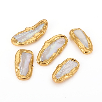 Natural Cultured Freshwater Pearl Beads, with Golden Plated Edge Brass Findings, Nuggets, 12~15x24~32x4~5mm, Hole: 0.6mm