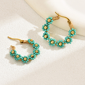 Flower Garland Braided Beaded Stainless Steel Hoop Earrings, Real 18K Gold Plated Jewelry for Women, Dark Turquoise, 30x30mm