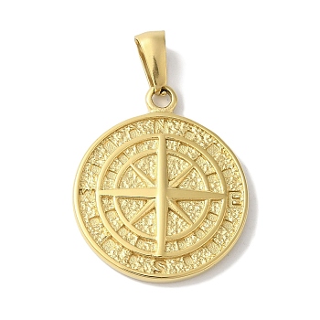 Ion Plating(IP) 304 Stainless Steel Pendants, Flat Round with Compass Charm, Golden, 26x22.5x3mm, Hole: 7x3mm