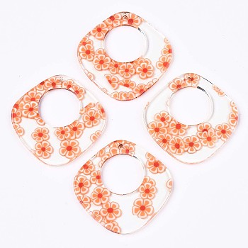 Transparent Clear Cellulose Acetate(Resin) Pendants, Printed, Rhombus with Flower, Flower Pattern, 36x35x2.5mm, Hole: 1.4mm