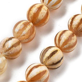 Natural Tibetan Agate Striped Beads Strands, Watermelon Beads, Dyed & Heated, Orange, 10mm, Hole: 1.4mm, about 38pcs/strand, 14.96''(38cm)