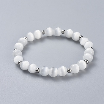 Cat Eye Beads Stretch Bracelets, with 304 Stainless Steel Smooth Beads, Round, WhiteSmoke, 2-1/8 inch(5.3cm)