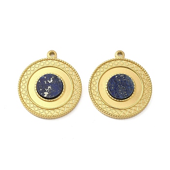 Natural Lapis Lazuli Pendants, Flat Round Charms, with Vacuum Plating Real 18K Gold Plated 201 Stainless Steel Findings, 28.5x25x3.5mm, Hole: 2mm