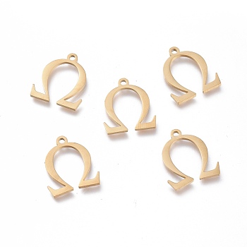 304 Stainless Steel Charms, Greek Alphabet, Golden, Letter.W, 14x13.5x1mm, Hole: 1.2mm