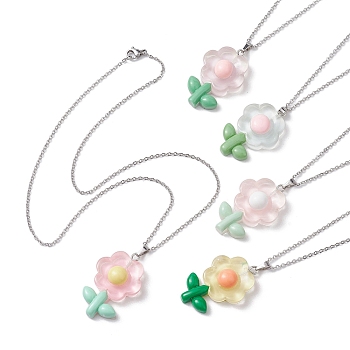 Resin Flower Pendant Necklaces, 304 Stainless Steel Cable Chain Necklaces, Mixed Color, 17.72 inch(45cm)