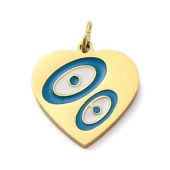 304 Stainless Steel Enamel Charms, with Jump Ring, Heart with Evil Eye Charms, Ion Plating(IP), Real 18K Gold Plated, Dodger Blue, 13.5x13x1.5mm, Hole: 2.5mm