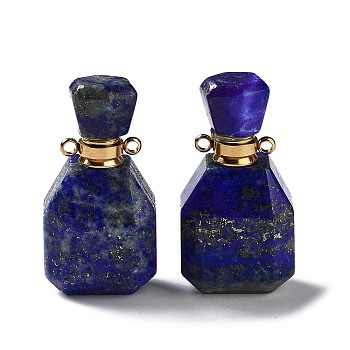 Natural Lapis Lazuli Faceted Perfume Bottle Pendants, with Golden Tone Stainless Steel Findings, Essentail Oil Diffuser Charm, for Jewelry Making, 34.5~35x18x12.5mm, Hole: 1.8mm
