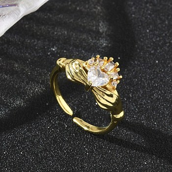 Brass Pave Cubic Zirconia Cuff Open Rings, Sacred Heart with Hand, Golden, 11mm, Inner Diameter: 16mm