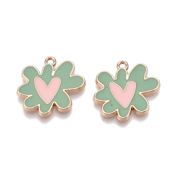 Rack Plating Alloy Enamel Pendants, Golden, Flower with Heart Charm, Dark Sea Green, 18.5x20.5x1.5mm, Hole: 1.6mm