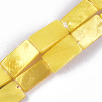 Spray Painted Freshwater Shell Beads, Rectangle, Yellow, 14~15x7~8.5x3mm, Hole: 0.5mm, about 20~26pcs/strand, 12 inch~15.5 inch