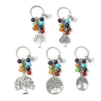 5Pcs Natural & Synthetic Gemstone Keychain, Alloy Tree of Life Keychain, 8.5~9.6cm